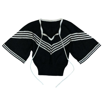 VTG 70S BLACK SILVER STRIPED SAILOR KNITTED BATWING CROPPED JUMPER TOP S 10