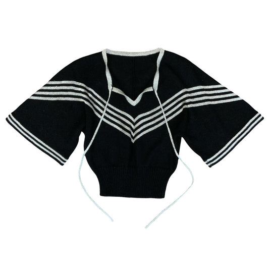 VTG 70S BLACK SILVER STRIPED SAILOR KNITTED BATWING CROPPED JUMPER TOP S 10