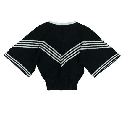 VTG 70S BLACK SILVER STRIPED SAILOR KNITTED BATWING CROPPED JUMPER TOP S 10