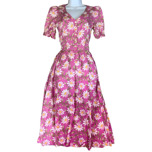 VTG 80s 'LAURA ASHLEY' PINK WHITE FLORAL DAISY ROMANTIC PUFF SLEEVE MIDI DRESS S