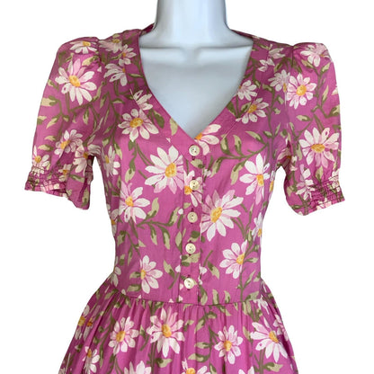VTG 80s 'LAURA ASHLEY' PINK WHITE FLORAL DAISY ROMANTIC PUFF SLEEVE MIDI DRESS S