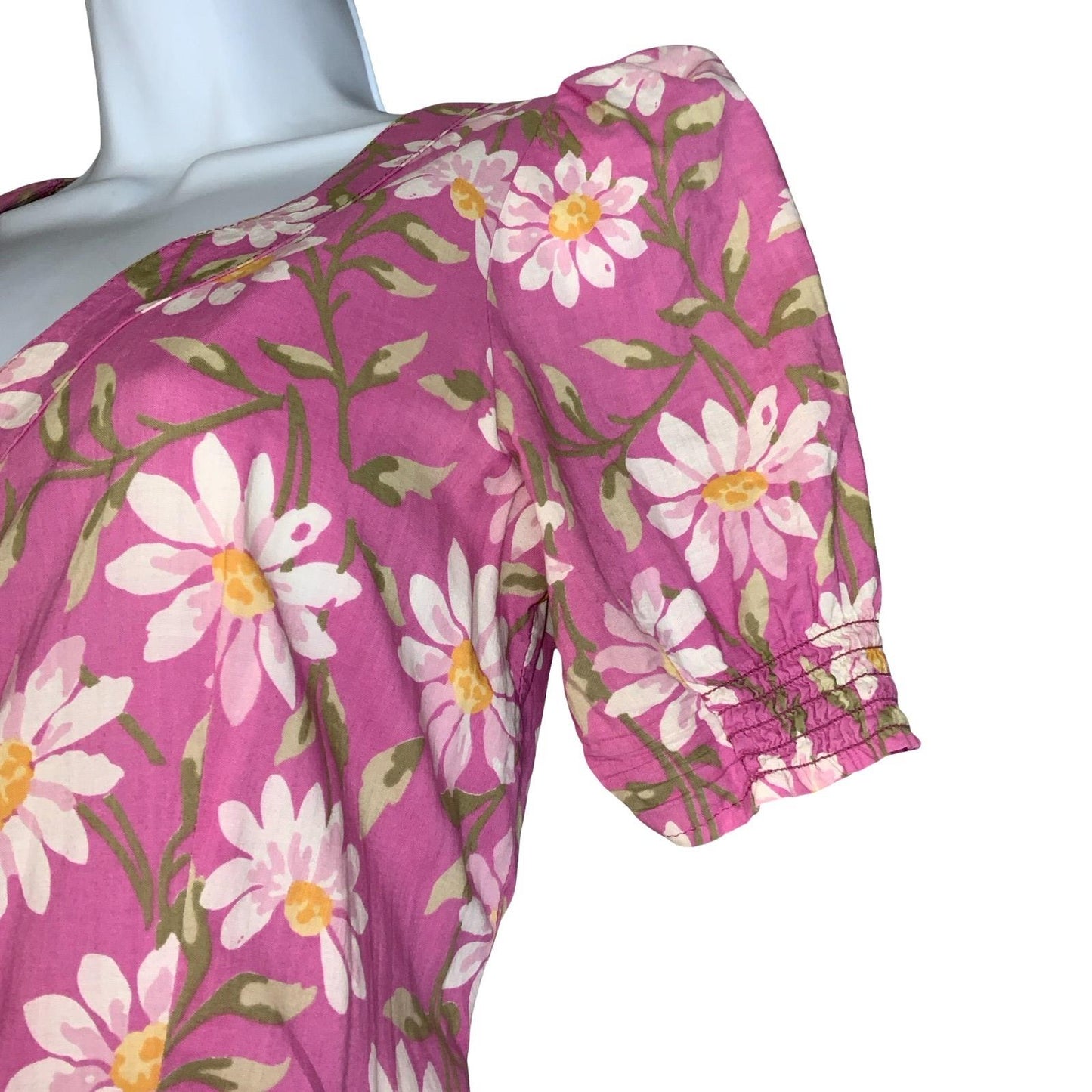 VTG 80s 'LAURA ASHLEY' PINK WHITE FLORAL DAISY ROMANTIC PUFF SLEEVE MIDI DRESS S