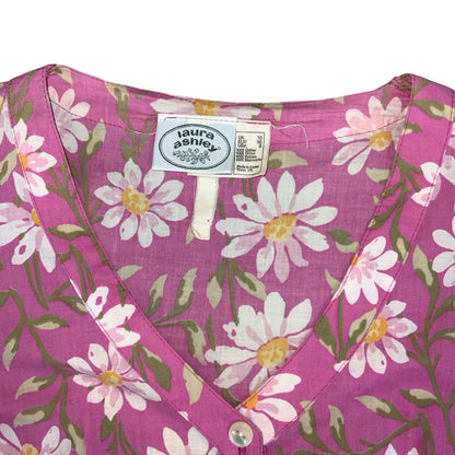 VTG 80s 'LAURA ASHLEY' PINK WHITE FLORAL DAISY ROMANTIC PUFF SLEEVE MIDI DRESS S