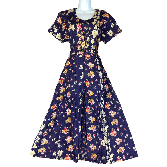 VTG 80s 'JAMIE BROOKE' BLUE FLORAL A-LINE MIDI COTTAGE CORE BOHO DRESS SMALL 8