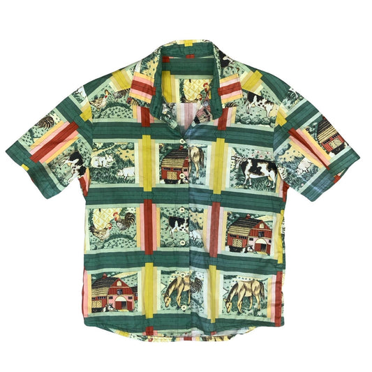 VTG HANDMADE GREEN YELLOW FARM ANIMAL GRAPHIC COW HOURSE PIG SHIRT BLOUSE M 14