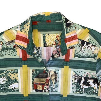 VTG HANDMADE GREEN YELLOW FARM ANIMAL GRAPHIC COW HOURSE PIG SHIRT BLOUSE M 14