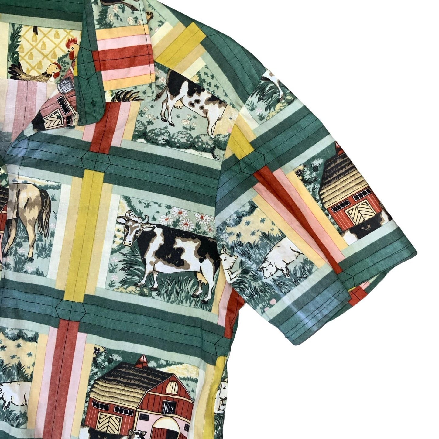 VTG HANDMADE GREEN YELLOW FARM ANIMAL GRAPHIC COW HOURSE PIG SHIRT BLOUSE M 14