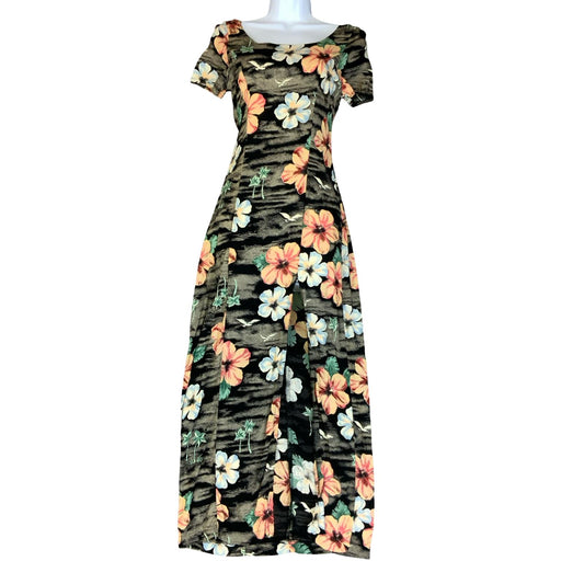 VTG 90s Y2K 'CALAMITY JAYNE'  BLACK PINK FLORAL SPLIT SUMMER MAXI DRESS XS 6