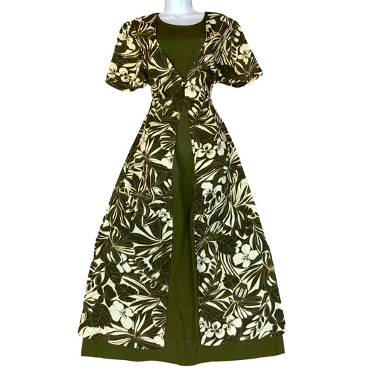 VTG 90s 'JOLIBEL' OLIVE GREEN WHITE FLORAL A-LINE LAYERED MAXI DRESS M