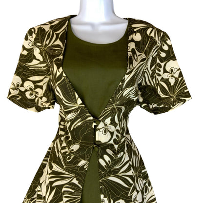 VTG 90s 'JOLIBEL' OLIVE GREEN WHITE FLORAL A-LINE LAYERED MAXI DRESS M