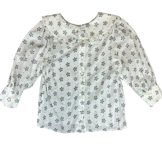 VTG WHITE FLORAL FOLK PEASANT COTTAGECORE FRILL COLLAR BLOUSE M 14