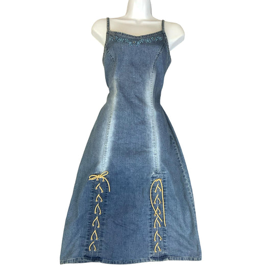 VTG 90s Y2K 'WOLF BLAT' FADED LIGHT BLUE DENIM BOHO CORSET DETAIL DRESS S 10