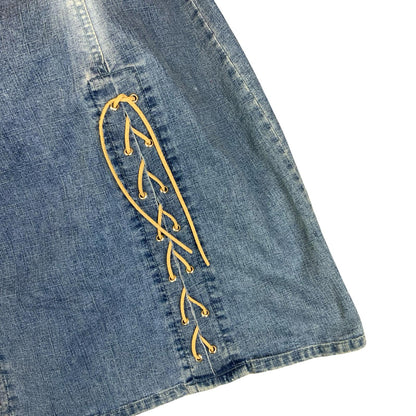 VTG 90s Y2K 'WOLF BLAT' FADED LIGHT BLUE DENIM BOHO CORSET DETAIL DRESS S 10