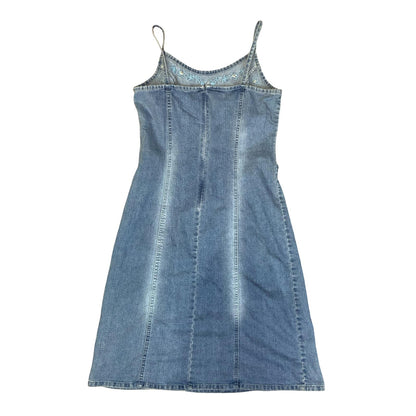 VTG 90s Y2K 'WOLF BLAT' FADED LIGHT BLUE DENIM BOHO CORSET DETAIL DRESS S 10