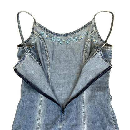 VTG 90s Y2K 'WOLF BLAT' FADED LIGHT BLUE DENIM BOHO CORSET DETAIL DRESS S 10