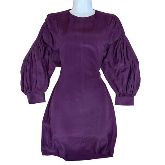 'SEE BY CHLOE' DEEP PURPLE PURE SILK PUFF SLEEVE MID-LENGTH EVENING DRESS S 10