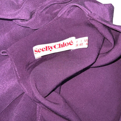 'SEE BY CHLOE' DEEP PURPLE PURE SILK PUFF SLEEVE MID-LENGTH EVENING DRESS S 10