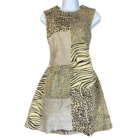 VTG 90s Y2K 'CRUSE' BEIGE SUEDE ANIMAL LEOPARD ZEBRA MINI PARTY DRESS S 10