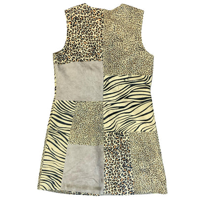 VTG 90s Y2K 'CRUSE' BEIGE SUEDE ANIMAL LEOPARD ZEBRA MINI PARTY DRESS S 10
