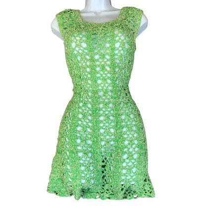 VTG 90s y2k GREEN CROCHET BEACH PARTY SUMMER TUNIC MINI FITTED DRESS SMALL 8
