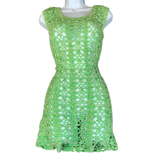 VTG 90s y2k GREEN CROCHET BEACH PARTY SUMMER TUNIC MINI FITTED DRESS SMALL 8