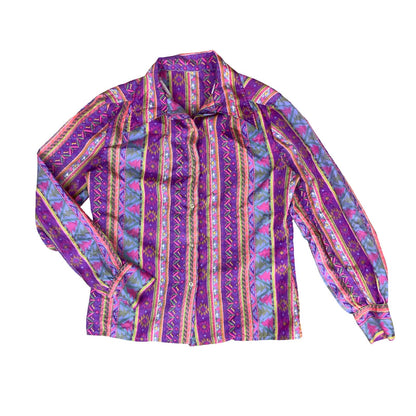 VTG 70/80s PURPLE BLUE GREEN RETRO AZTEK GEOMETRIC STRIPED LONG SLEEVE BLOUSE 12