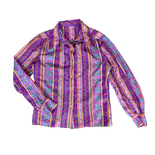 VTG 70/80s PURPLE BLUE GREEN RETRO AZTEK GEOMETRIC STRIPED LONG SLEEVE BLOUSE 12