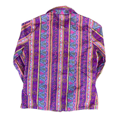 VTG 70/80s PURPLE BLUE GREEN RETRO AZTEK GEOMETRIC STRIPED LONG SLEEVE BLOUSE 12