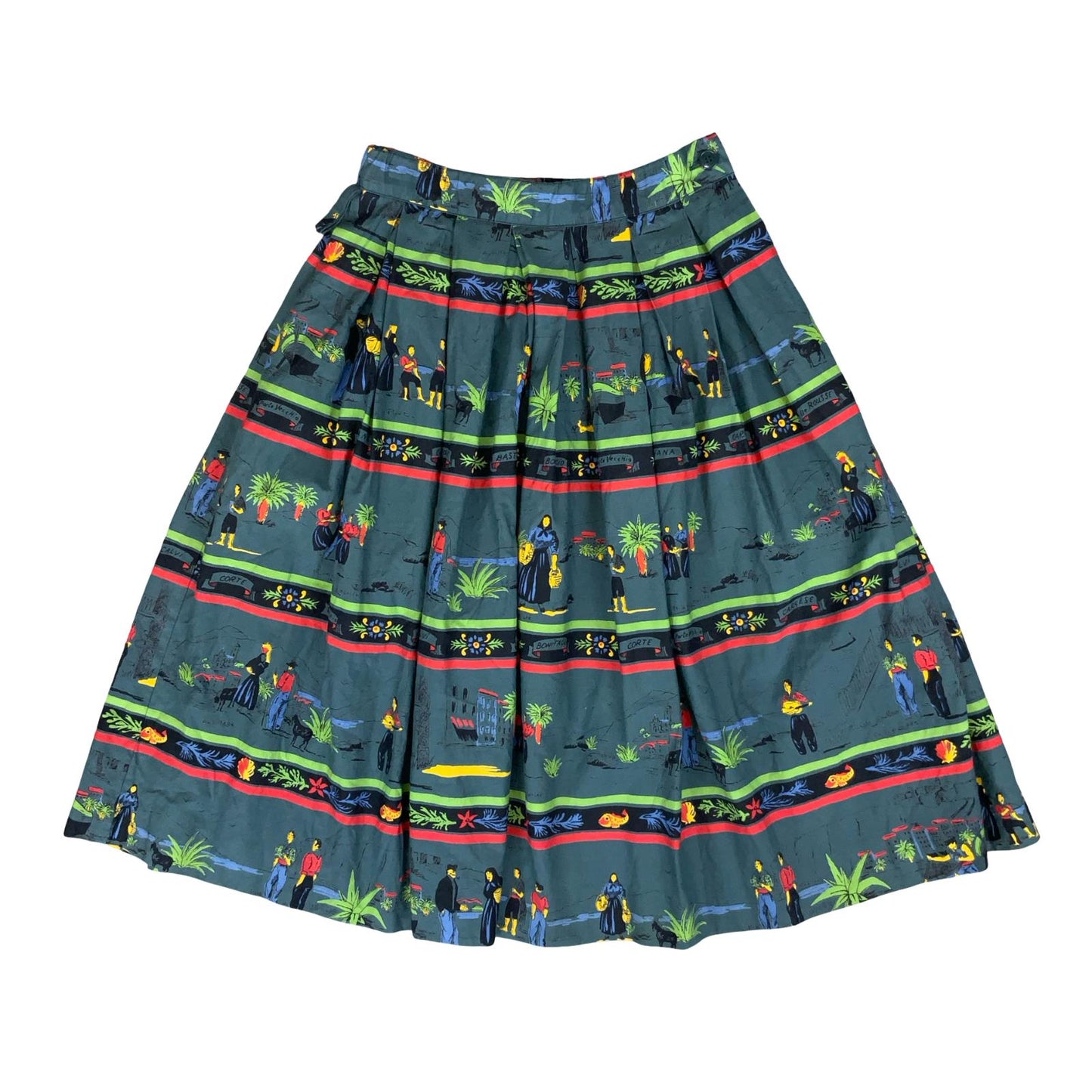 VTG 80s 'CACHAREL' BLUE GRAPHIC COLOURFUL PATTERNED PLEATED MIDI SKIRT XS 4 6
