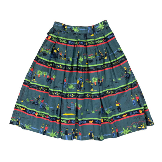 VTG 80s 'CACHAREL' BLUE GRAPHIC COLOURFUL PATTERNED PLEATED MIDI SKIRT XS 4 6