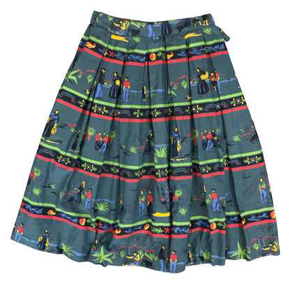 VTG 80s 'CACHAREL' BLUE GRAPHIC COLOURFUL PATTERNED PLEATED MIDI SKIRT XS 4 6