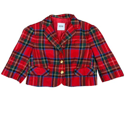 'MOSCHINO' CHEAP & CHIC 2012 RED BLUE TARTAN CROPPED UNIQUE PUNK JACKET SMALL 10