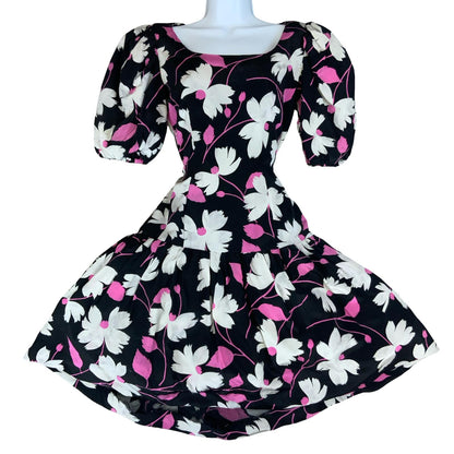 VTG 80s 'OSCAR DE LA RENTA' WHITE PINK FLORAL PUFF SLEEVE DROP WAIST DRESS S 10