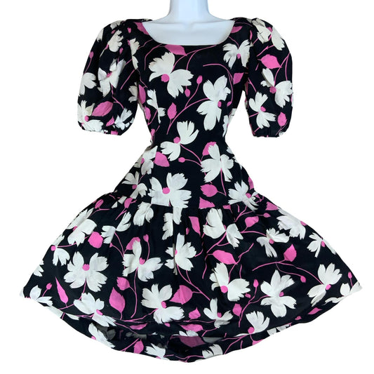 VTG 80s 'OSCAR DE LA RENTA' WHITE PINK FLORAL PUFF SLEEVE DROP WAIST DRESS S 10