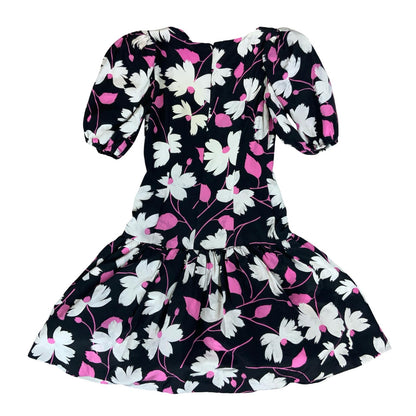 VTG 80s 'OSCAR DE LA RENTA' WHITE PINK FLORAL PUFF SLEEVE DROP WAIST DRESS S 10