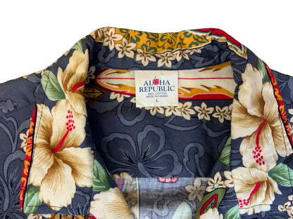VTG ALOHA REPUBLIC HAWAIIAN MADE ALOHA SHIRT COTTON TIKI ROCKABILLY HAWAII LARGE
