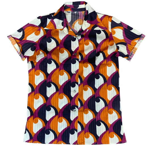 VTG 90S DOES 70s ORANGE PURPLE WHITE GEOMETRIC PATTERN RETRO SLIMFIT BLOUSE M 14