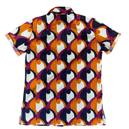 VTG 90S DOES 70s ORANGE PURPLE WHITE GEOMETRIC PATTERN RETRO SLIMFIT BLOUSE M 14