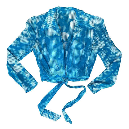 90s Y2K BLUE WHITE FLORAL PATTERNED SUMMER BEACH RETRO WRAP TIE-UP BLOUSE XS 4 6