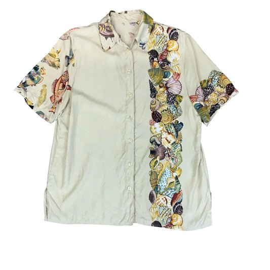 VTG 90s BEIGE SEASHELL CORAL OCEAN FISH NOVELTY GRAPHIC CASUAL BLOUSE M 14