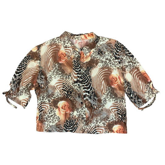 VTG 90s BROWN ANIMAL FLORAL PRINT MOTIF MESH BUTTON-UP CROPPED BLOUSE L 16