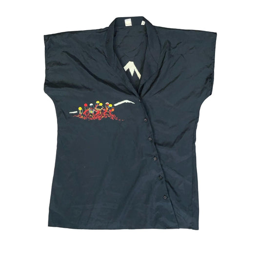 VTG 90s BLACK MOUNTAIN SCENE GRAPHIC ASYMMETRIC CAP-SLEEVED BLOUSE M 12