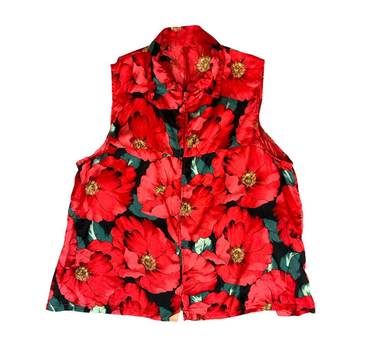VTG RED BLACK POPPY FLORAL PRINT ZIP-UP COLLARED SLEEVELESS BLOUSE M 14