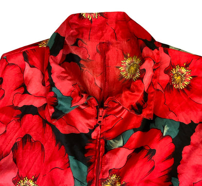 VTG RED BLACK POPPY FLORAL PRINT ZIP-UP COLLARED SLEEVELESS BLOUSE M 14