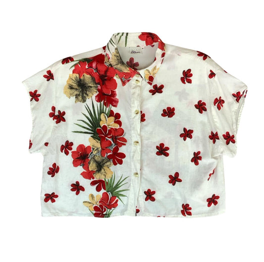 VTG 80s 90s 'MISS ETAM' WHITE RED FLORAL CROPPED BUTTON-UP FLORIDA  BLOUSE L 16