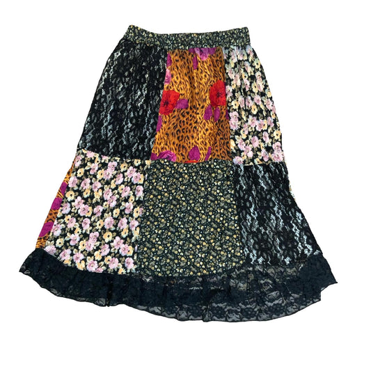 VTG 90s y2k BLACK FRILL LACE PATCHWORK BOHO HIPPIE LEOPARD FLORAL MIDI SKIRT M