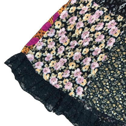 VTG 90s y2k BLACK FRILL LACE PATCHWORK BOHO HIPPIE LEOPARD FLORAL MIDI SKIRT M