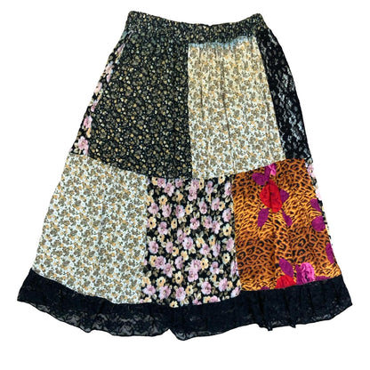 VTG 90s y2k BLACK FRILL LACE PATCHWORK BOHO HIPPIE LEOPARD FLORAL MIDI SKIRT M