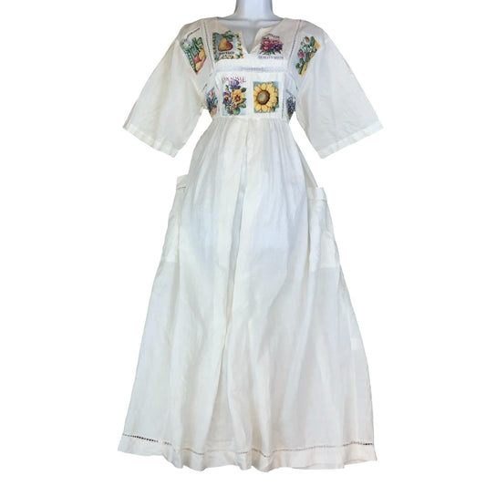 VTG WHITE COTTAGE-CORE FARM FOLK FAUX PATCHWORK POCKETS EMPIRE MAXI DRESS L 16