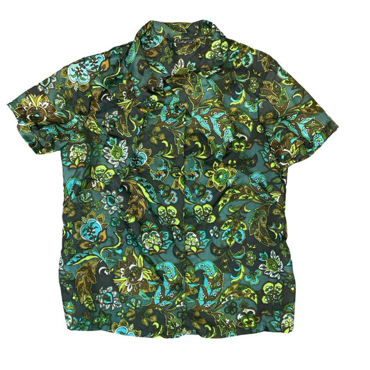 VTG 60S 70s 'QUERLINE' GREEN FLORAL SHORT SLEEVED ASCOT TIE NECK BLOUSE L 16